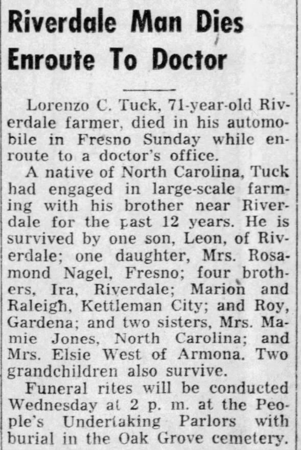 Obituary for Lorenzo C. Tuck (Aged 71)